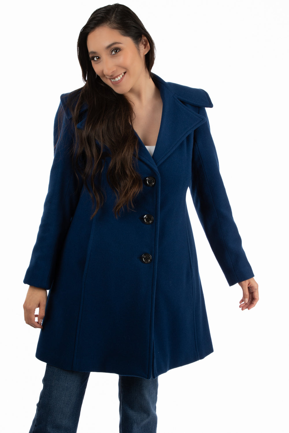 abrigo milka azul de lana para mujer vista frontal